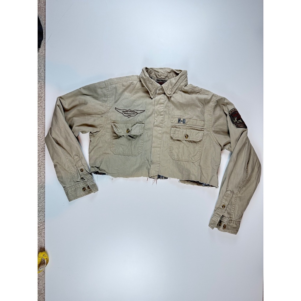 Harley Davidson Tan Flannel Lined Cropped Shirt Jacket‎ Embroidered  Medium